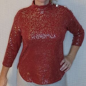 Adrienne Vittadini Blouse Red Silver polka dots and Rhinestone buttons